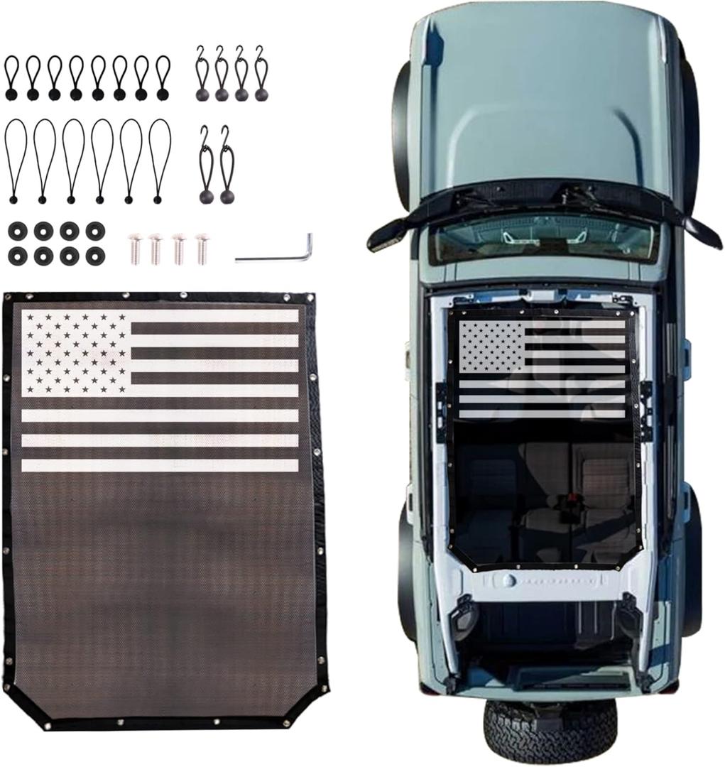 Sunshade Compatible with 2021 2022 2023 2024 2025 New Ford Bronco 4 Door Sun Shade Bikini Top Roof Bimini Soft Mesh Net Exterior Accessories, Blocks UV Wind Noise, with America Flag