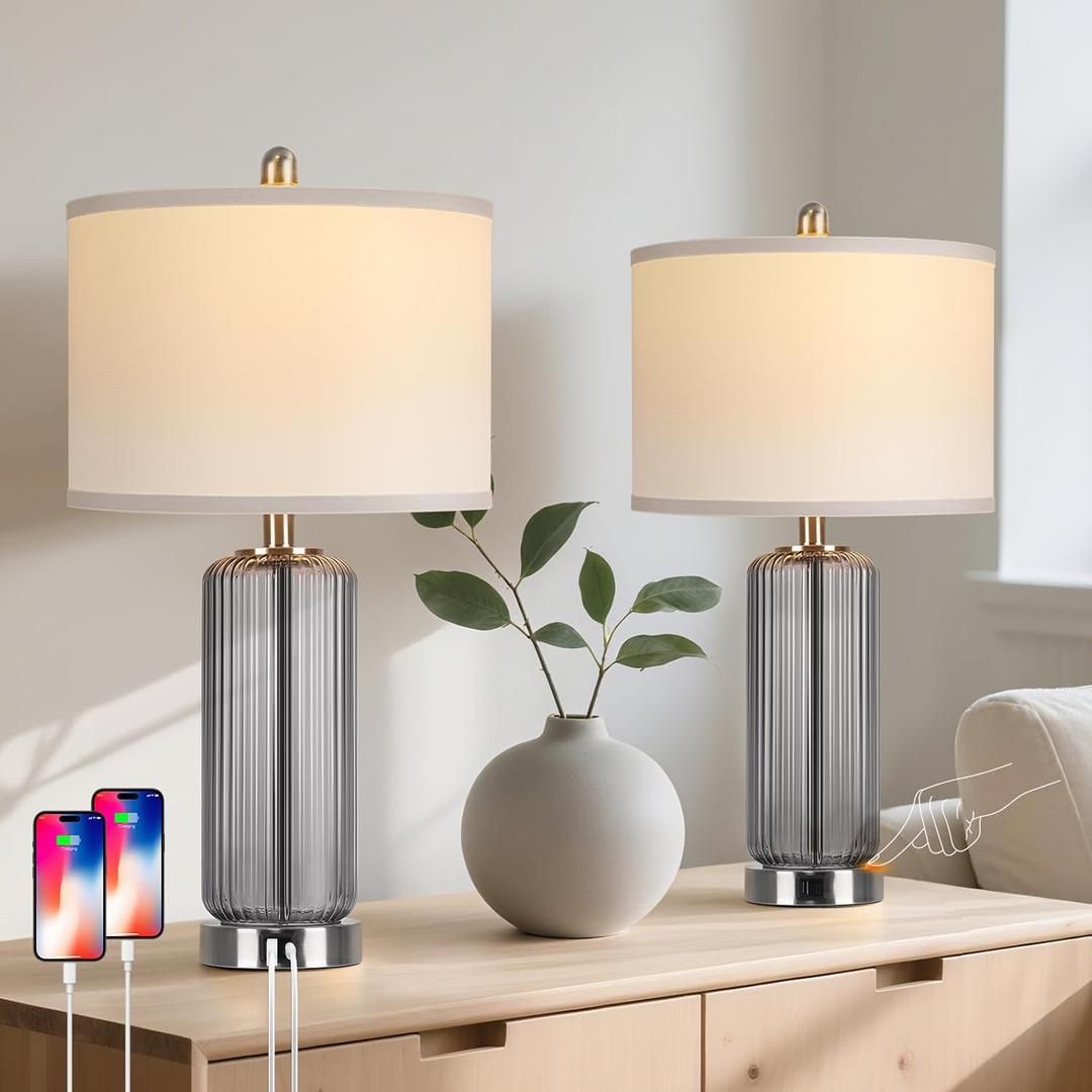 Table Lamps Set of 2 with Touch Control, 3-Way Dimmable Nightstand Lamp with Vertical Grained Glass, Grey Bedside Table Lamps, 27" Modern Glass Bedside Lamps with USB A+C Ports, Desk Lamp for Bedroom, Gray