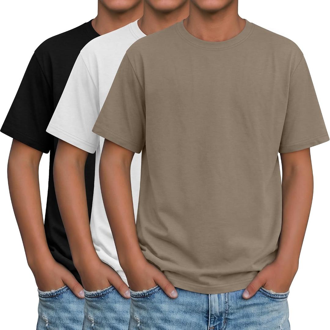 LessonZoo 3 Pack Boys Short Sleeve Shirts Kids Loose Fit Crewneck Tops Casual Summer Basic Tee(Black, White, Khaki,15-16 Years)