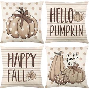 Brown Fall Throw Pillow Covers 18x18 inch Set of 4, Pumpkin Autumn Decorative Pillow Cases for Couch Sofa (Style 3)