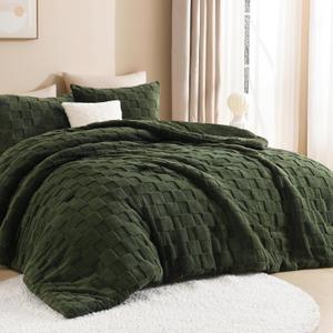 Litanika Fluffy King Size Comforter Set Olive Green, 3 Pieces Warm Sherpa Fleece Winter Bedding Set, Jacquard Checkered Plush Fuzzy Blanket Bed Set(1 Comforter, 2 Pillowcases)