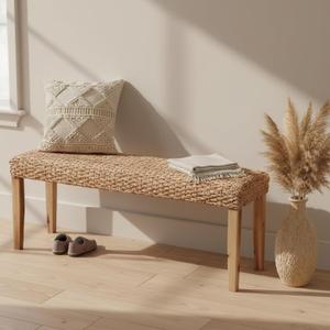 Indoor Bench Wicker for Entryway Bench, Wood Bench for Living Room Dining Bench or End of Bed Bench, 47" Boho Bench with Solid Wood Acacia & Natural Woven Seat, Rustic Farmhouse Rattan Hallway Bench, 47.24 Inches X 14.2 Inches X 19.7 Inches