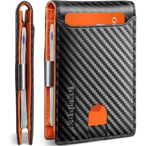RUNBOX Slim Wallets for Men - Leather Money Clip Men's Wallet - RFID Blocking Front Pocket Bifold Wallet - Thin Credit Card Holder with Gift Box (Carbon Black & Orange)