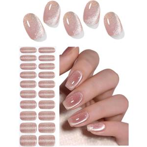 Semi Cured Gel Nail Strips, Nude Cat Eye 20pcs Stickers Work with UV, Wraps for Home Nail Art DIY, Easy to Use and Remove
