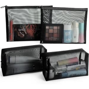 2 x 4 Pack Mesh Cosmetic Bags, Nylon Mesh Makeup Bags Set, Multipurpose Makeup Pouches, Travel Essentials Beauty Bag Set(Black) (Cube+Flat)