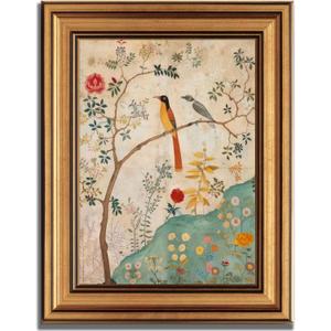 Gold Framed Vintage Floral Bird Canvas Wall Art Boho Plant Flower Sparrow Painting Decor Pictures Beige Medieval Nature Aesthetic Bedroom Living Posters Prints for Corridor Kitchen Room Decoration