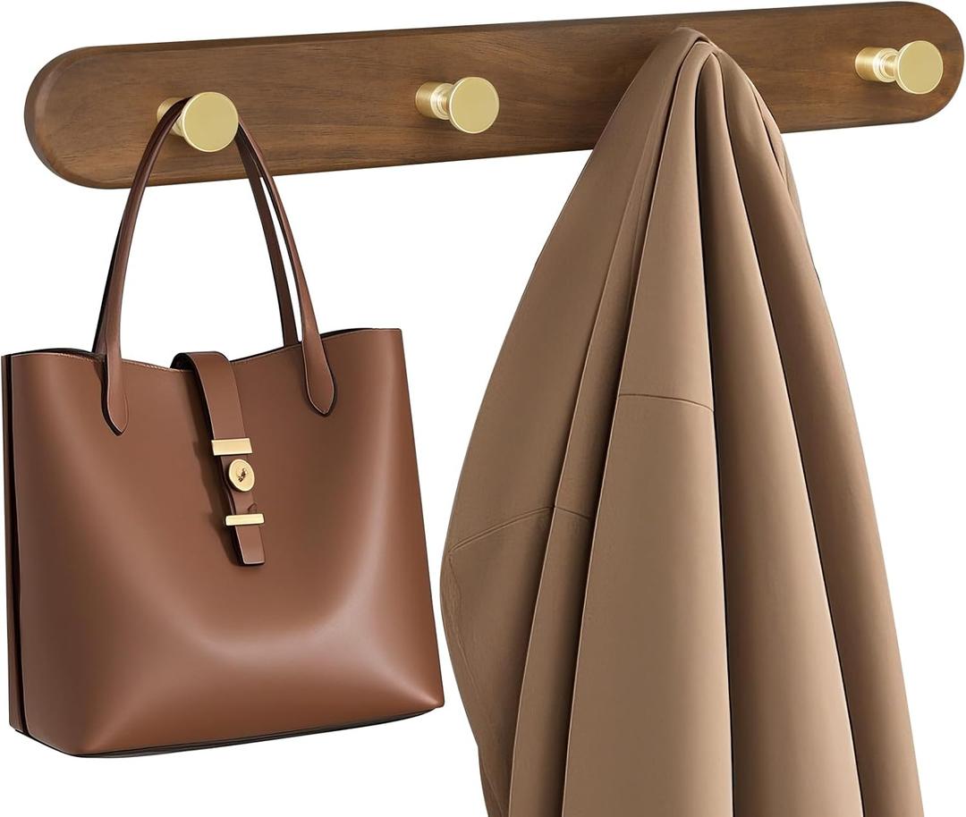 Ufine Wooden Wall Mounted Coat Rack, 4 Brass Hooks, Modern Home Decor Hanger for Entryway Bathroom Bedroom