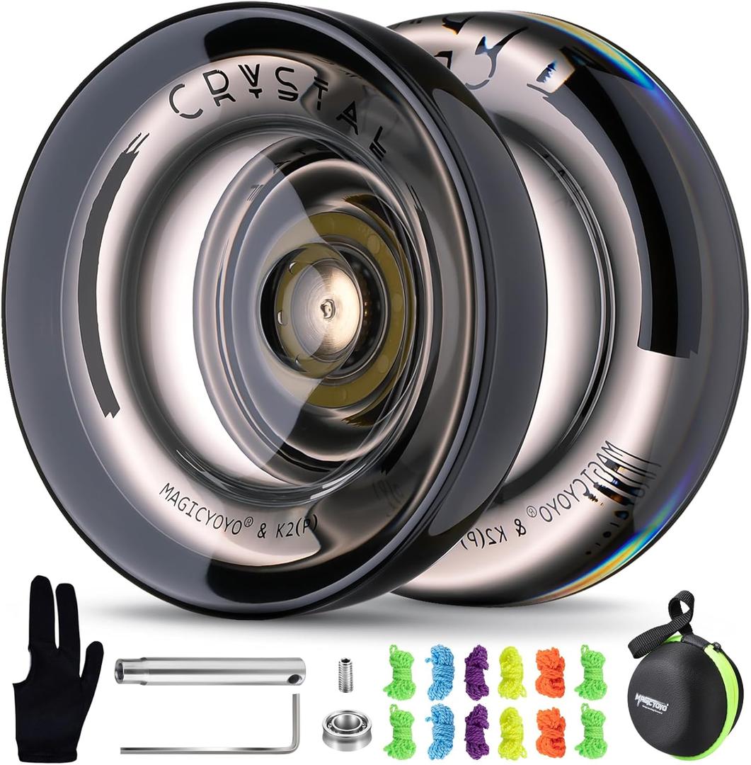 MAGICYOYO K2 Crystal Black Yoyo Professional, Responsive Yoyo for Kids Beginners with Extra Unresponsive Yo Yo Bearing, Pro Plastic Trick Yo Yo for Adults+12 Stings+Bearing Removal Tool+Storage Bag