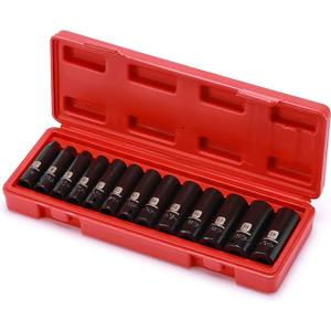 MIXPOWER 13 Pieces 3/8-Inch Drive Deep Impact Socket Set, 7mm to 19mm, CR-V, Metric, 6 Point, Deep, 13 Pieces 3/8" Dr. Socket