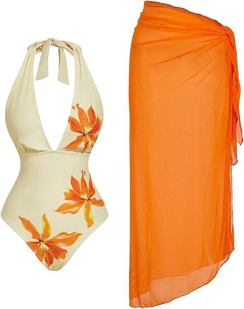Verdusa Women's 2 Piece Sets Boho Floral One Piece Swimsuit with Cover Up Skirt Hawaiian Outfits Multicolor Large