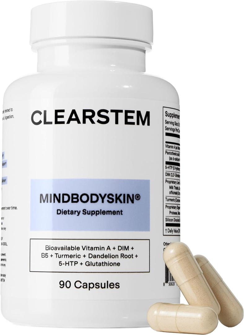 CLEARSTEM - MINDBODYSKIN Hormonal Acne Supplement (5-HTP) - Natural DIM Supplement - Skin Care Vitamins - Hormone Balance, Antioxidants - Gluten Free, Cruelty Free - 30 Servings, 90 Capsules