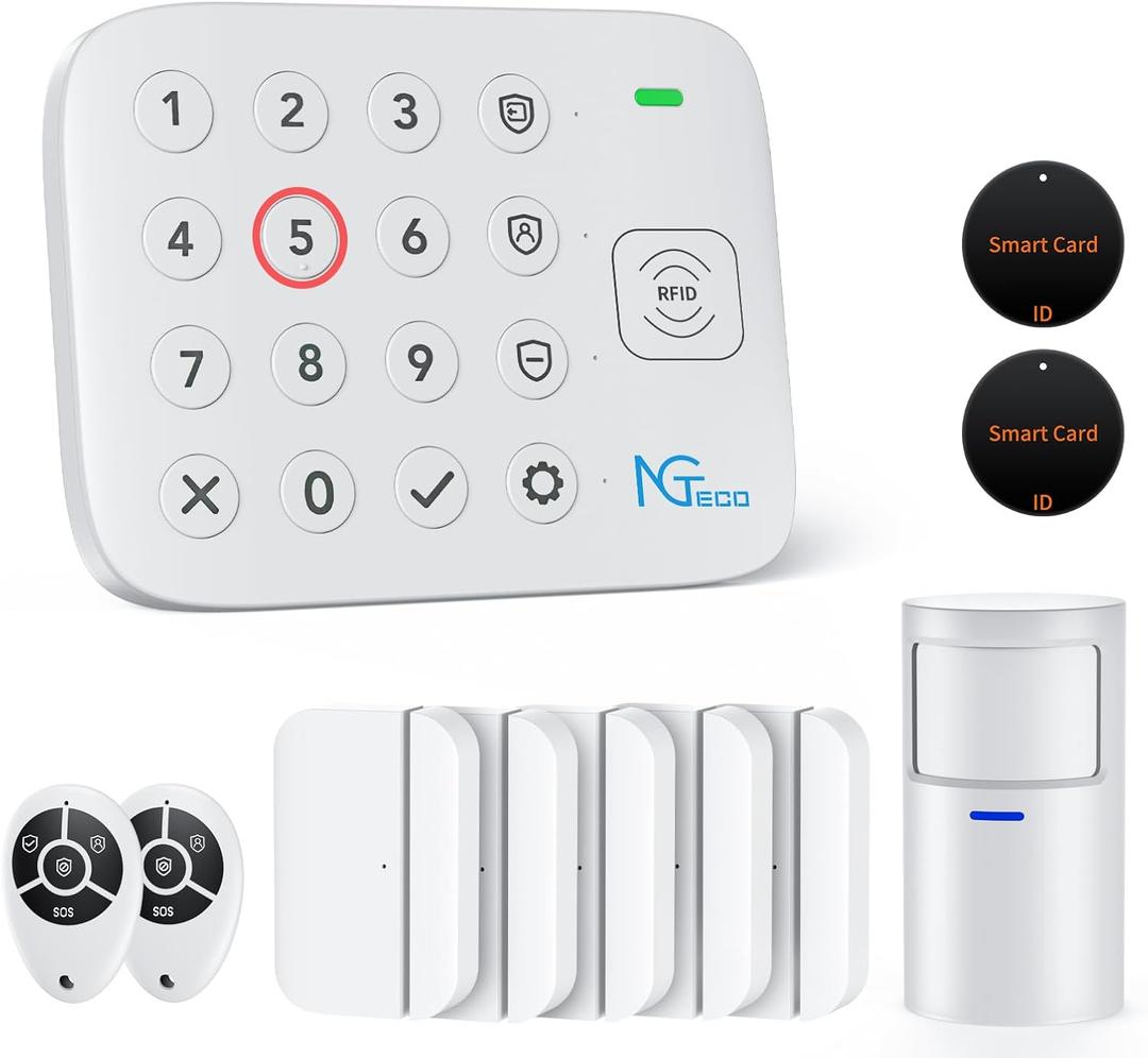 NGTeco 11-Piece Home Security Alarm Kit, Wi-Fi Home Security System with Keypad, Motion Sensor, 5 Entry Sensors, Window and Door Protection - No Contract, Compatible with Alexa & Google