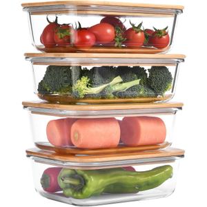 Vdomus Glass Food Storage Containers with Bamboo Lids 36.0oz/1.0L - Stackable Meal Prep Container - Airtight Glass Food Containers - Microwave, Dishwasher Safe - Reusable Lunchbox (Pack of 4)