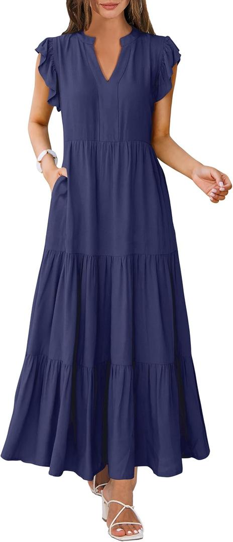 ANRABESS Womens Summer Casual Maxi Dress V Neck Ruffle Sleeve Long Dresses Fashion Flowy Tiered Boho Beach Vacation Sundress Navy Blue X-Large
