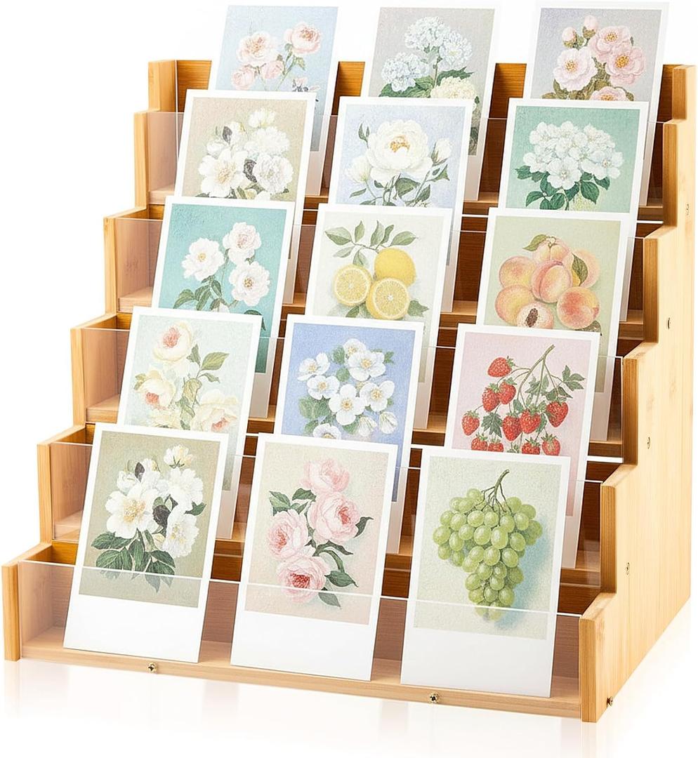 5 Tier Greeting Card Display Stand Wood Color Bamboo and Acrylic Sticker Display Stand Trading Card Holder Retail Photos Shelf for Vendors Craft Collection & Show