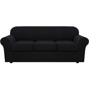 H.VERSAILTEX 4 Piece Stretch Sofa Covers for 3 Cushion Couch Covers for Living Room Furniture Slipcovers (Base Cover Plus 3 Seat Cushion Covers) Upgraded Thicker Jacquard Fabric (Large, Black)