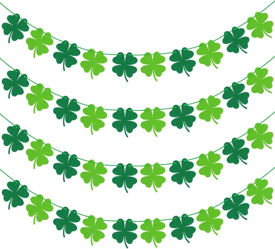 4 PCS St Patricks Day Decorations, 32 FT Pre-Assemble St Patricks Day Banner, Felt Irish Decorations for Home, Four Leaf Clover Decorations Garland for Irish Festival Classroom Fireplace Party Supplies