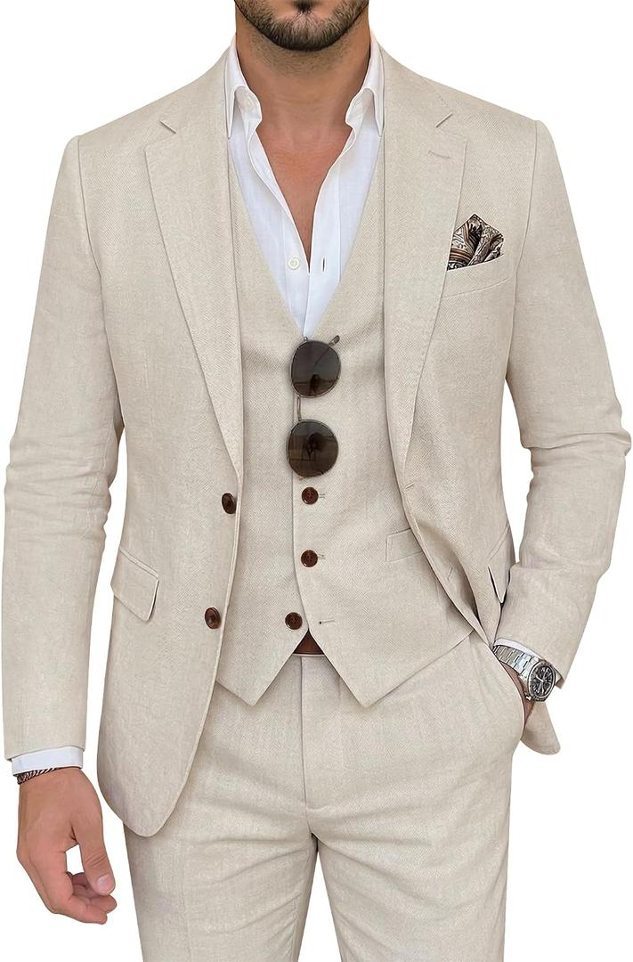 Men's Suit 3 Piece Linen Suits Slim Fit Suit Blazer Vest Pants Set Wedding Prom Tuxedos Business Casual Suit (Beige, XL)
