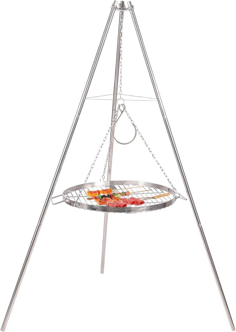 Lineslife Campfire Tripod Grill for Cooking, Durable Stainless Steel Camping Fire Tripod Grill with Round Grate and Carrying Bag for Outdoor BBQ, Silver