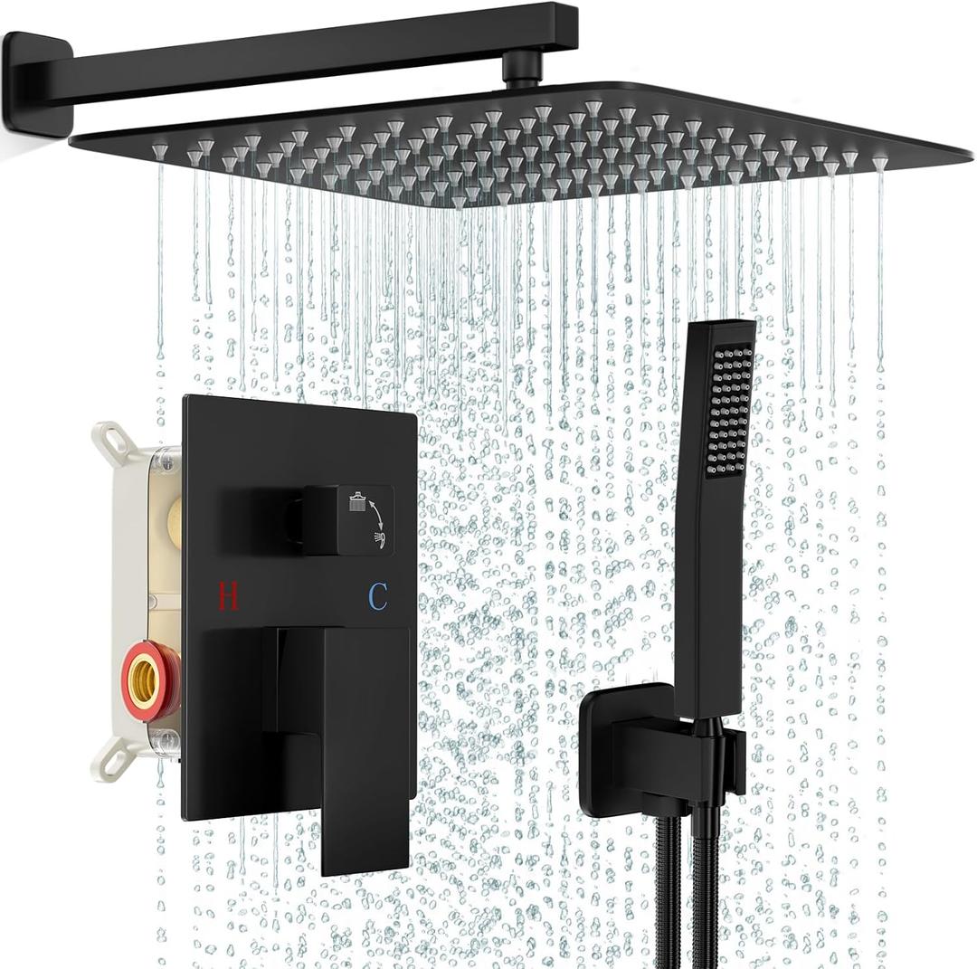FPXRNG Black Shower Faucet Set, Rainfall Shower System with Square Shower Head and Handle Set, Wall Mounted Shower Fixtures, Full Metal Trim Repair Kit 16 inch Matte Black (With Shower Valve)