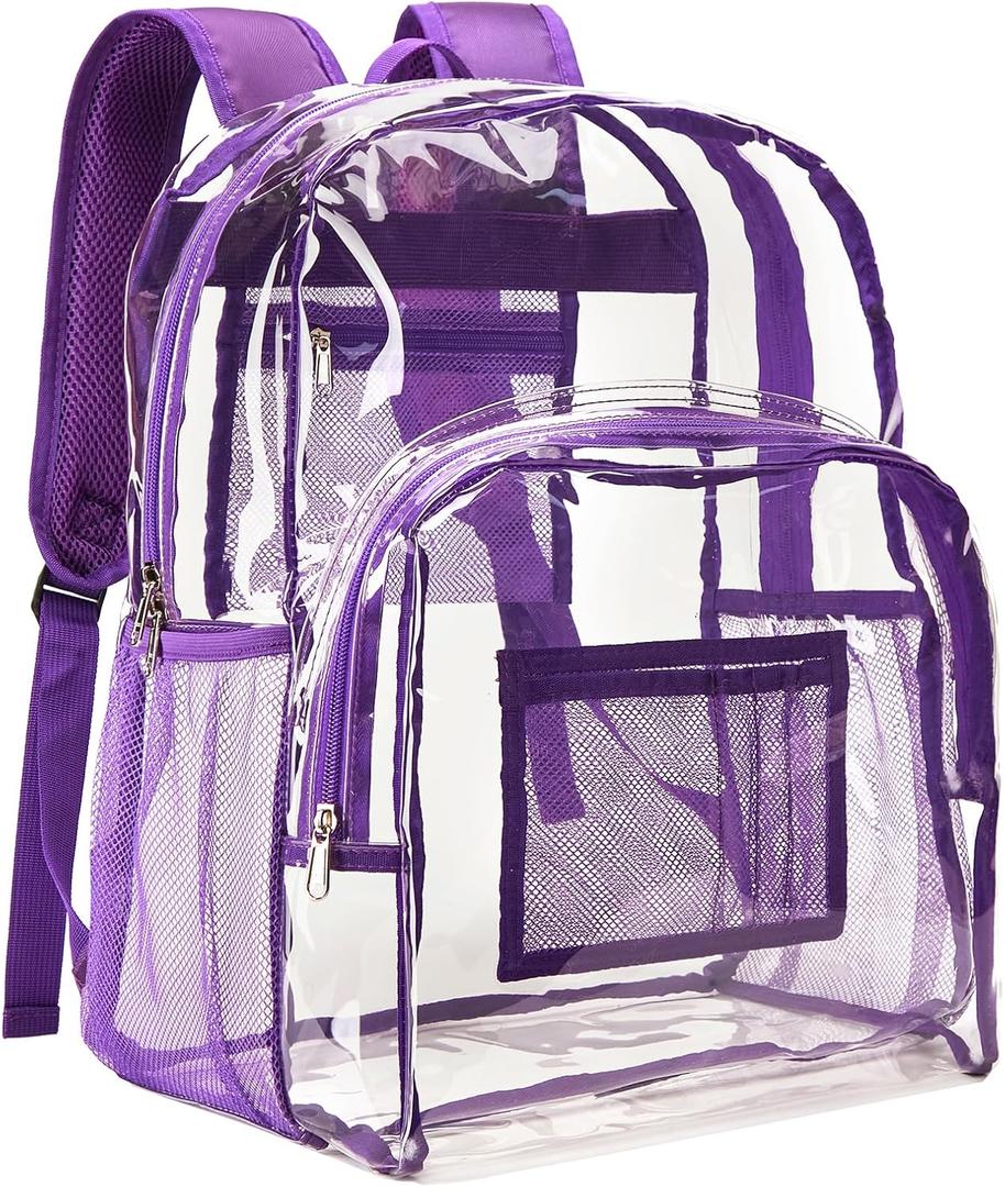 Vorspack Clear Backpack Heavy Duty PVC Transparent Backpack Extra Large Clear Backpacks with Reinforced Strap for College Workplace Security - Purple