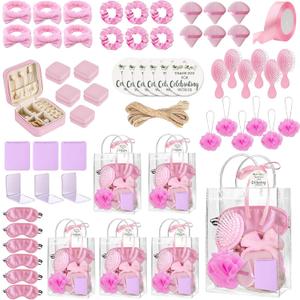 6 Sets Baby Shower Prizes for Winners Headband Hair Brush Jewelry Box Sleep Mask Compact Mirror Powder Puff Hair Tie Gift Bag Baby Shower Favors Bridal Shower Thank You Gifts for Guests (Pink)