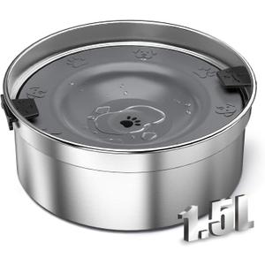 Dog Water Bowl No Spill, 1.5L/50oz Stainless Steel Slow Water Bowl for Dogs, Spill Proof Dog Bowl with Anti-Splash & Non-Slip, Slow Drinking Water Bowl Dispenser for Messy Drinkers (Silver)