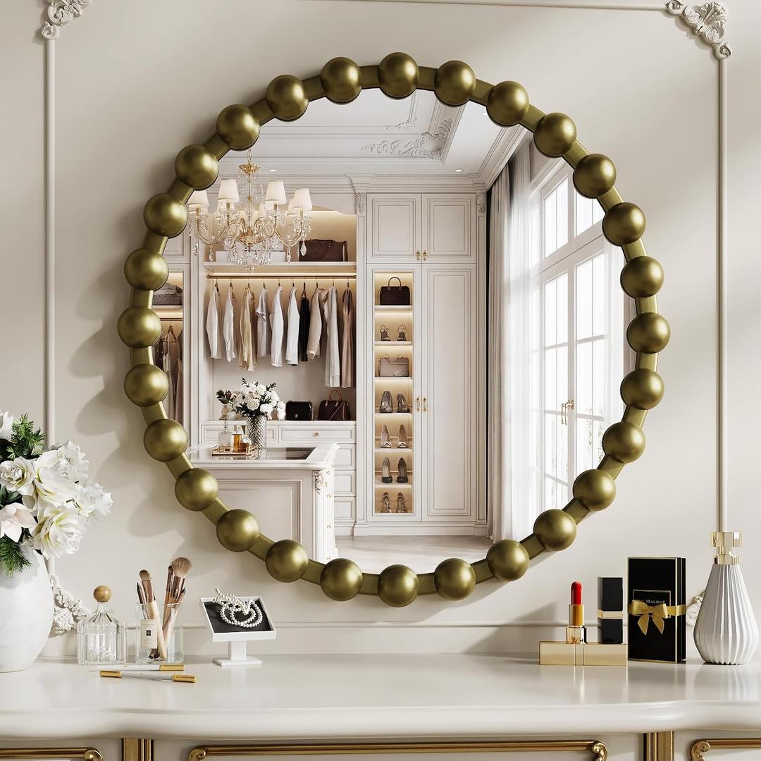 Round Vintage Vanity Mirror, 24 Inch Beaded Frame Circle Wall Mirror for Bathroom, Bedroom Dresser, Entryway, Living Room, Decorative Hanging Wall Mirror, Bronze