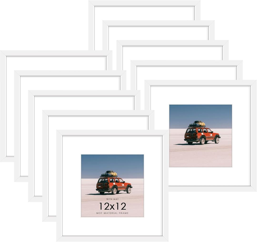 12x12 Picture Frame Sef of 10, Display Pictures 8x8 with Mat or 12 x 12 Without Mat, Photo Frame Collage for Wall Gallery Decor, Wall Mounted, White