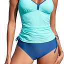 ZAFUL Womens Tankini Swimsuits Ruched Tummy Control Bathing Suit V Neck High Waisted Bikini Adjustable Straps (XX-Large, Blue)