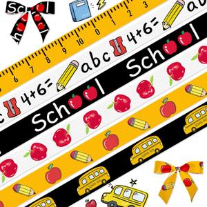 6PCS 3/8" Back to School Ribbons Pencil Apple School Theme Ribbons for Wrapping Gift 15 Yard, Kindergarten Decor Ribbon for Back to school Party Preschool Decoration Gift Wrapping DIY Supplies