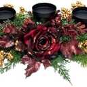 Svndlyn Christmas Candle Holder Xmas Decorations 3 Candle Holders with Burgundy Roses Golden Berries Pine Needles Long Floral Candelabra for Dining Table Mantle and Fireplace Decor