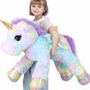 FFxiong 44 Inch Giant Rose Rainbow Unicorn Stuffed Animal Plush Toy with Wings Soft Cute Large Unicorn Plushies Animals Body Pillow Gift for Children Boy Girl Kids Birthday Valentine Room Decorations