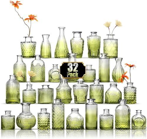 Arme Bud Vase Set of 32, Green Vases Glass Bud Vases in Bulk, Small Vases for Centerpieces Mini Flower Vase Set Cute Vintage Glass Vase Set for Flower Wedding Home Centerpiece Table Decorations