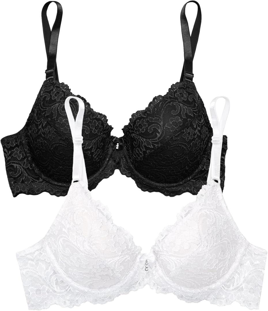 Smart & Sexy Women's Signature Lace Push Up Bra-Perfect for Seeking Effortless Style and Comfort (40D, Black Hue/White 2pk)