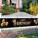 Happy Birthday Long Banner 118x20 Inch Black Gold Crown Theme Party Backdrops Decoration Balloons Confetti Polyester Fabric Large Event Supplies For Girls or boys gifts