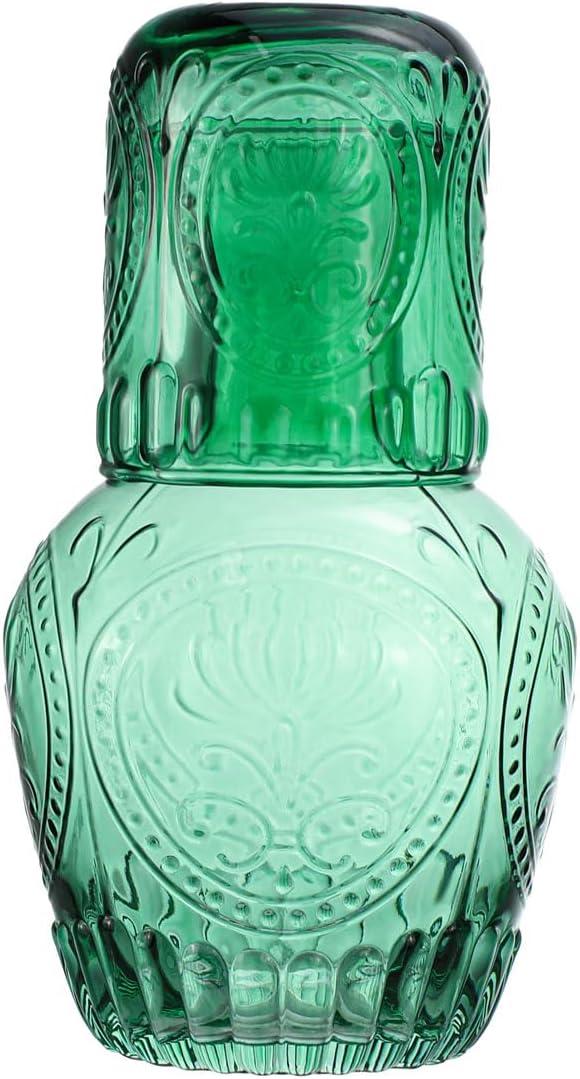 Retro Relief Glass Bedside Night Water Carafe with Tumbler Glass, Pitcher And Cup Night Set-Green