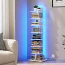 TUTOTAK Narrow Bookshelf, 8-Tier Bookcase with LED Lights, Spine Book Shelf for Small Space, Corner Standing Shelf for Living Room, Office, Study, Entryway, White BS06BW008L