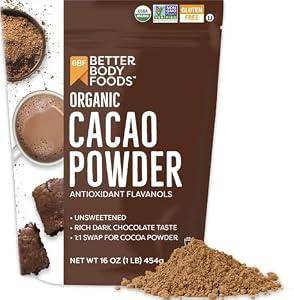 BetterBody Foods Organic Cacao Powder, Rich Chocolate Flavor, Non-GMO, Gluten-Free, Cocoa, 16 ounce, 1 lb bag, Pack of 5, BBD 09/03/ 2027