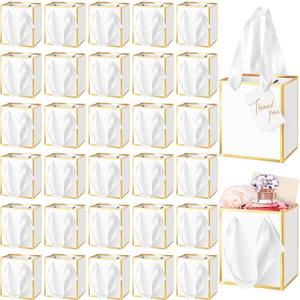 Yeaqee 50 Pcs Mini Metallic Paper Gift Bags with Handles 4x2.75x4.5'' Tiny Small Gift Bags with Thank You Tag for Wedding Graduation Birthday Party Return Gifts Jewelry Business (White,Gold)