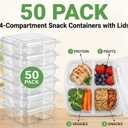 50 Pcs Snack Containers, 4 Compartment Bento Box with Lids, Plastic Food Storage Containers for Work Travel Camping(Clear)