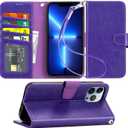 Arae Compatible with iPhone 13 Pro Max Case with Card Holder and Wrist Strap Wallet Flip Cover for iPhone 13 Pro Max 6.7 inch,Purple