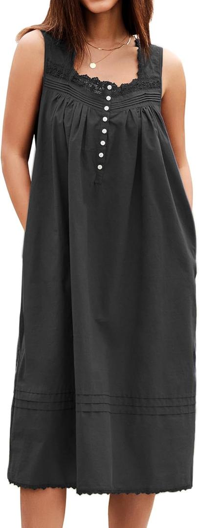 100% Cotton Nightgowns for Women Soft Sleeveless Night Gown Long Sleepwear with Pockets,XS-5XL (Black, S)