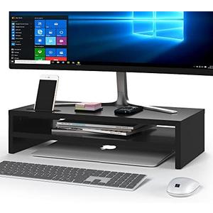 BONTEC Wood Monitor Stand Riser, 2-Tier Desktop Organizer with Storage, Ergonomic Computer Stand for Desk, Cable Management, Cellphone Holder, 21.3 Inch Shelf, Black