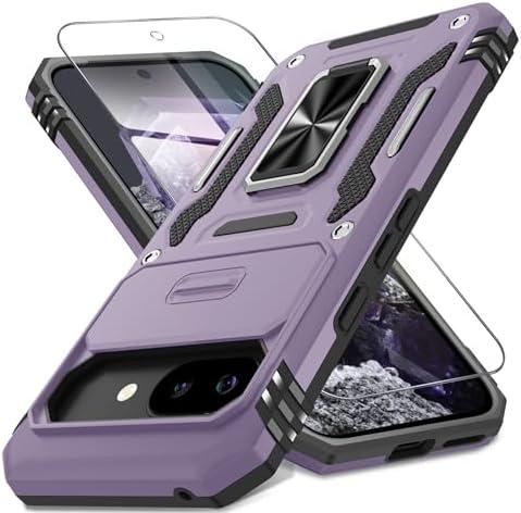 DEERLAMN Case for Google Pixel 9A with Slide Camera Cover+Screen Protector (1 Pack), Rotated Ring Kickstand Military Grade Shockproof Protective Cover-Deep Purple