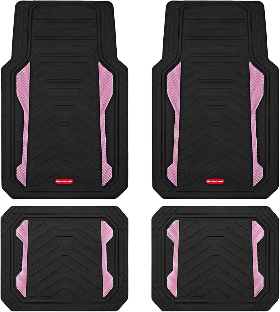 Rubbermaid Car Floor Mat, Heavy Duty All-Weather Car Mats Full Set with Dual-Tone Pink Aluminum Inserts Universal Fit, Anti-Slip Backing, Trim-to-Fit for Most SUV, Sedan, Van