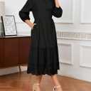 Ladyful Embroidered Eyelet Cotton Dress for Women Maxi 3/4 Sleeve Button Down Hollowed Out Flowy Midi Shirt Dress (Black, XL)
