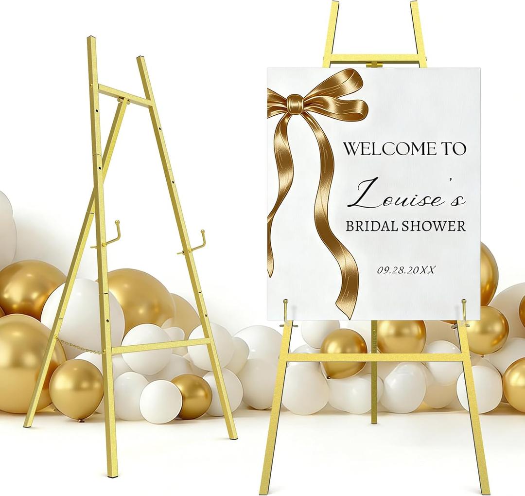 Gold Easel Stand for Signs, 4-Tier Height Metal Standing Easel with Adjustable Chain, Black Heavy Duty Art Easel for Painting, Wedding Sign, Party, Posters & Commercial Display (Gold)