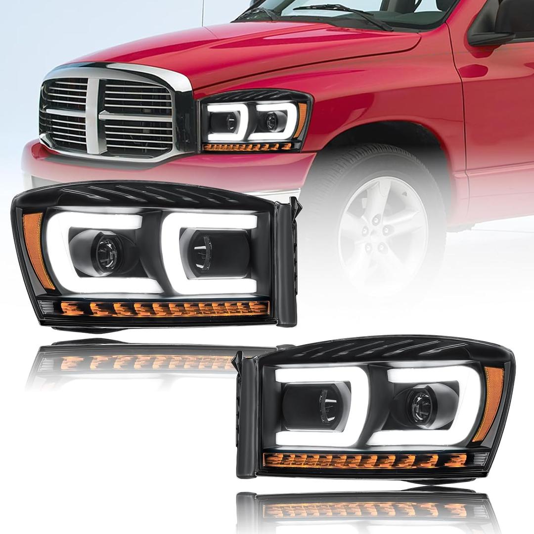 LED DRL Headlights Assembly for 06-08 Dodge Ram 1500 2500 3500 Left and Right Side Replacement Headlamp Amber Reflector Black Housing