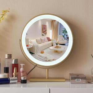 Golden Makeup Vanity Mirror with Led Lights Round Tabletop Desktop Smart Touch Control Lighted Up Mirror for Girl 13.8 Inch (Gold Color Without Magnifying)